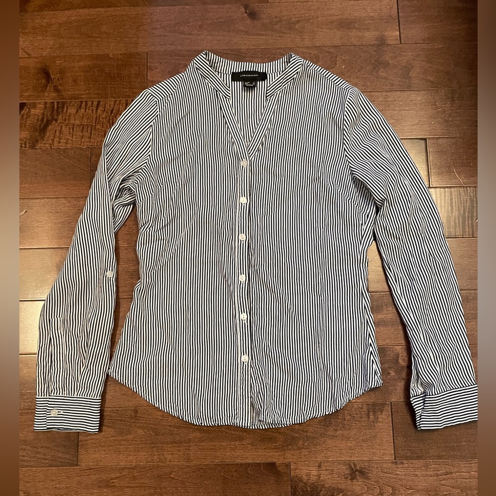 Atmosphere Women's Navy and White Striped Button Down Shirt